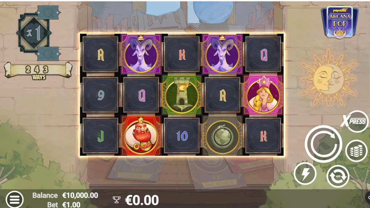 Tampilan visual slot Arcana Pop dengan tema tarot dan simbol mistis