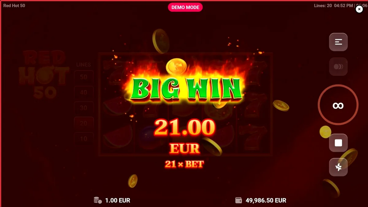 Tampilan visual slot Red Hot 50 dengan tema buah dan api